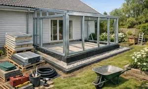 Bygga uterum: En stomme av metall står redo för glas. Material och verktyg ligger utspridda i trädgården, redo för projektet.