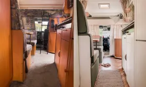 Före och efter-bild på en husbil. Den gamla, slitna inredningen har ersatts med en ljus och mysig atmosfär. En renoverad husbil som känns inbjudande.