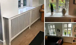Vitt elementskydd längs fönsterbrädorna ger ett stilrent intryck.