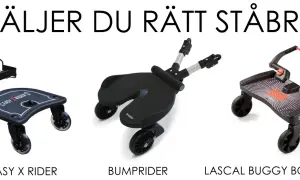 Tre olika ståbrädor för barnvagnar: Easy X Rider, Bumprider och Lascal Buggy Board Maxi. En universell ståbräda kan vara praktisk för äldre syskon.