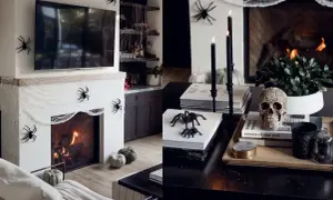 Skrämmande spindlar och pumpor pryder spisen och soffbordet. En dödskalle och svarta ljus skapar stämning för ditt halloween pynt diy.