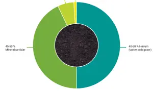 Diagram som visar olika jordlager: 45-50% mineralpartiklar, 40-60% hålrum (vatten och gaser), <6% organiskt material och <1% levande organismer.