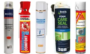 Fem burkar fogskum för tätning och isolering. Olika märken som Bostik, Soudal, Biltema och Sika.