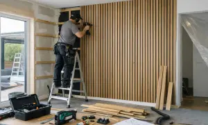 Man monterar diy akustikpanel på väggen med en spikpistol. Verktyg och material ligger utspritt på golvet.