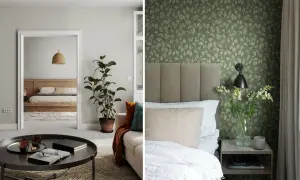 Sovrum med grönbladig tapet ger härlig tapeter inspiration. Vardagsrum med soffa och kaffebord leder till ett sovrum.
