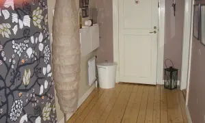 En inreda långsmal hall med en stor golvlampa, en vit dörr och en svart lykta.