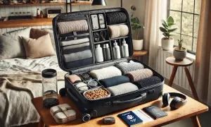 Packa smart med Thule väskor och takbox. En öppen resväska fylld med prydligt packade kläder och necessär.