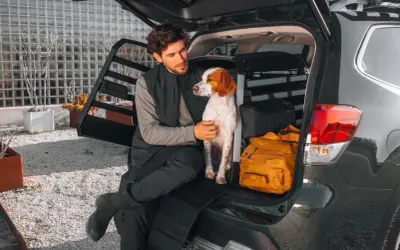 Man and dog sitting in the open trunk of a car with a dog crate and luggage.
