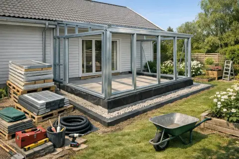 Bygga uterum: En stomme av metall står redo för glas. Material och verktyg ligger utspridda i trädgården, redo för projektet.
