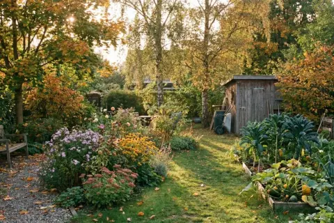 En lummig trädgård i september med höstfärger och en sista september blomma som blommar. En träbänk och ett litet förråd syns.