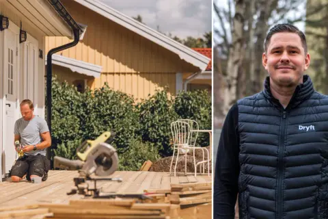 Man bygger altan med skruvdragare och såg. Till höger en man i väst med texten Dryft.