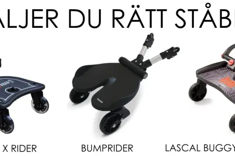 Tre olika ståbrädor för barnvagnar: Easy X Rider, Bumprider och Lascal Buggy Board Maxi. En universell ståbräda kan vara praktisk för äldre syskon.