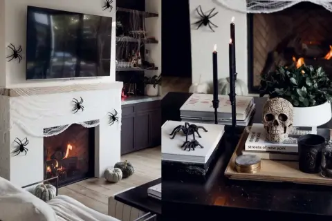 Skrämmande spindlar och pumpor pryder spisen och soffbordet. En dödskalle och svarta ljus skapar stämning för ditt halloween pynt diy.