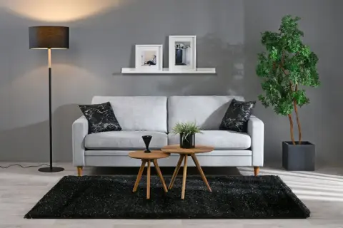 Ett stilrent grått och beige vardagsrum med en ljus soffa, svarta kuddar, träbord och en stor grön växt.