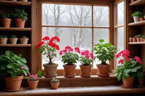 Potted geraniums with red and pink blooms sit on a windowsill with a snowy outdoor view.
