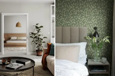 Sovrum med grönbladig tapet ger härlig tapeter inspiration. Vardagsrum med soffa och kaffebord leder till ett sovrum.