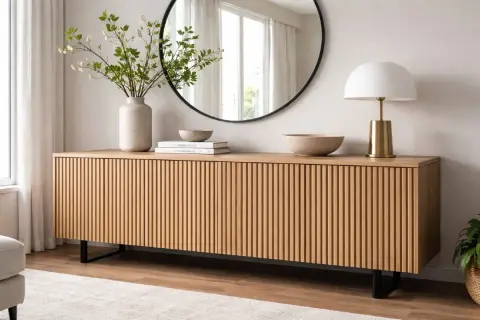 En stilren, ribbad skänk i trä med svarta ben. Perfekt för ett modernt hem, som ett **bästa DIY**-projekt.