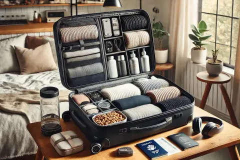 Packa smart med Thule väskor och takbox. En öppen resväska fylld med prydligt packade kläder och necessär.