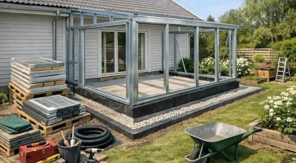 Bygga uterum: En stomme av metall står redo för glas. Material och verktyg ligger utspridda i trädgården, redo för projektet.
