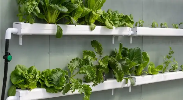 Grönskande sallad och örter växer i rader i ett system för hydroponisk odling, monterat på en vägg.