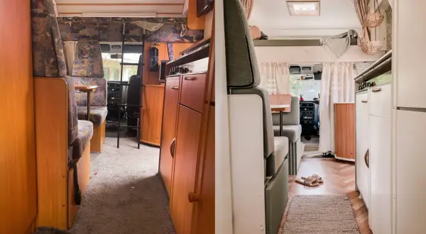 Före och efter-bild på en husbil. Den gamla, slitna inredningen har ersatts med en ljus och mysig atmosfär. En renoverad husbil som känns inbjudande.