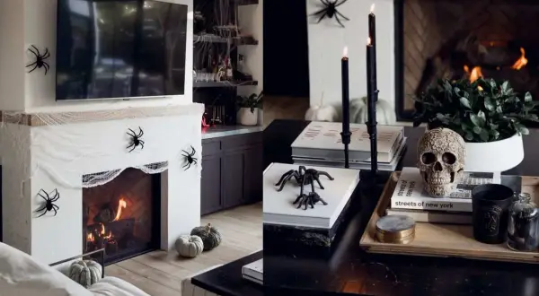 Skrämmande spindlar och pumpor pryder spisen och soffbordet. En dödskalle och svarta ljus skapar stämning för ditt halloween pynt diy.