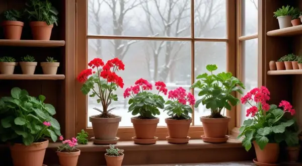 Potted geraniums with red and pink blooms sit on a windowsill with a snowy outdoor view.