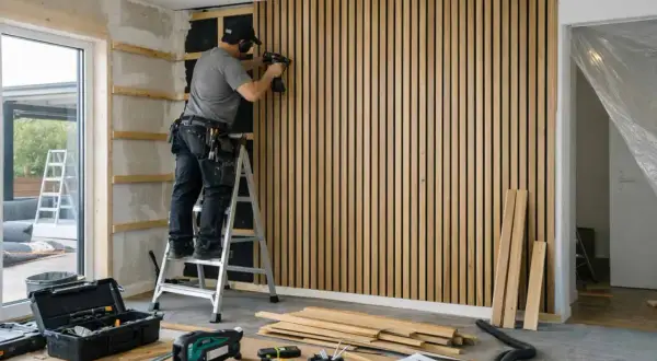 Man monterar diy akustikpanel på väggen med en spikpistol. Verktyg och material ligger utspritt på golvet.