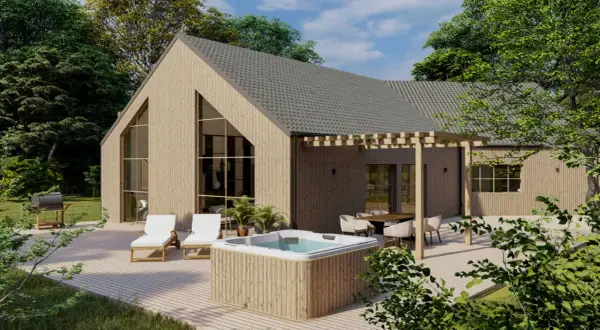 Ett modernt trähus med stor altan, bubbelpool och utemöbler. Perfekt för avkoppling och umgänge, kanske efter att bygglov altan beviljats.