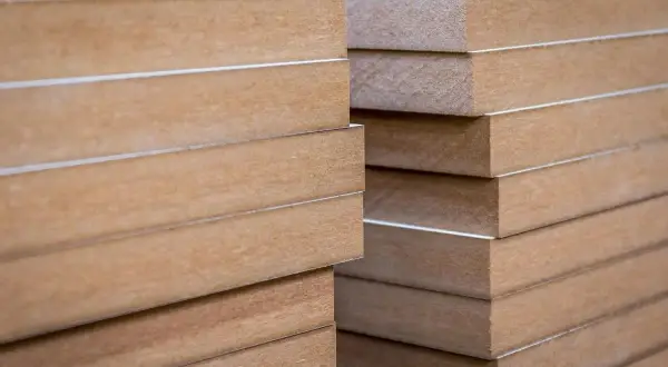 Staplade skivor av obehandlad MDF, redo att måla. Perfekt för gör-det-själv-projekt.