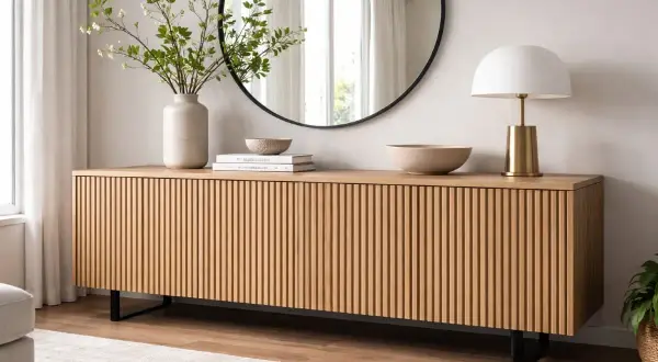 En stilren, ribbad skänk i trä med svarta ben. Perfekt för ett modernt hem, som ett **bästa DIY**-projekt.