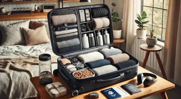Packa smart med Thule väskor och takbox. En öppen resväska fylld med prydligt packade kläder och necessär.
