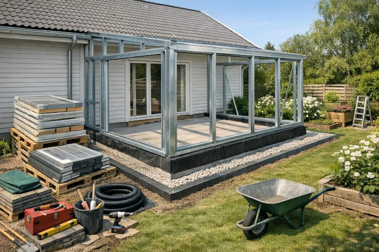 Bygga uterum: En stomme av metall står redo för glas. Material och verktyg ligger utspridda i trädgården, redo för projektet.