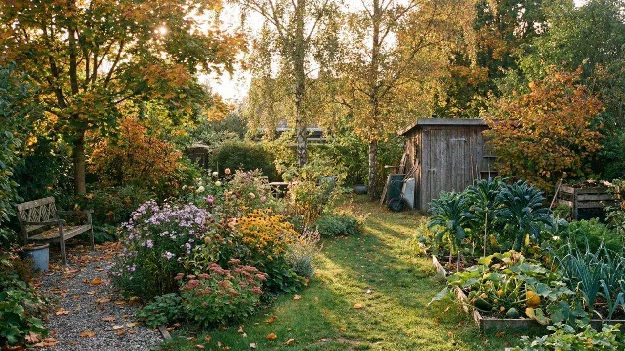 En lummig trädgård i september med höstfärger och en sista september blomma som blommar. En träbänk och ett litet förråd syns.