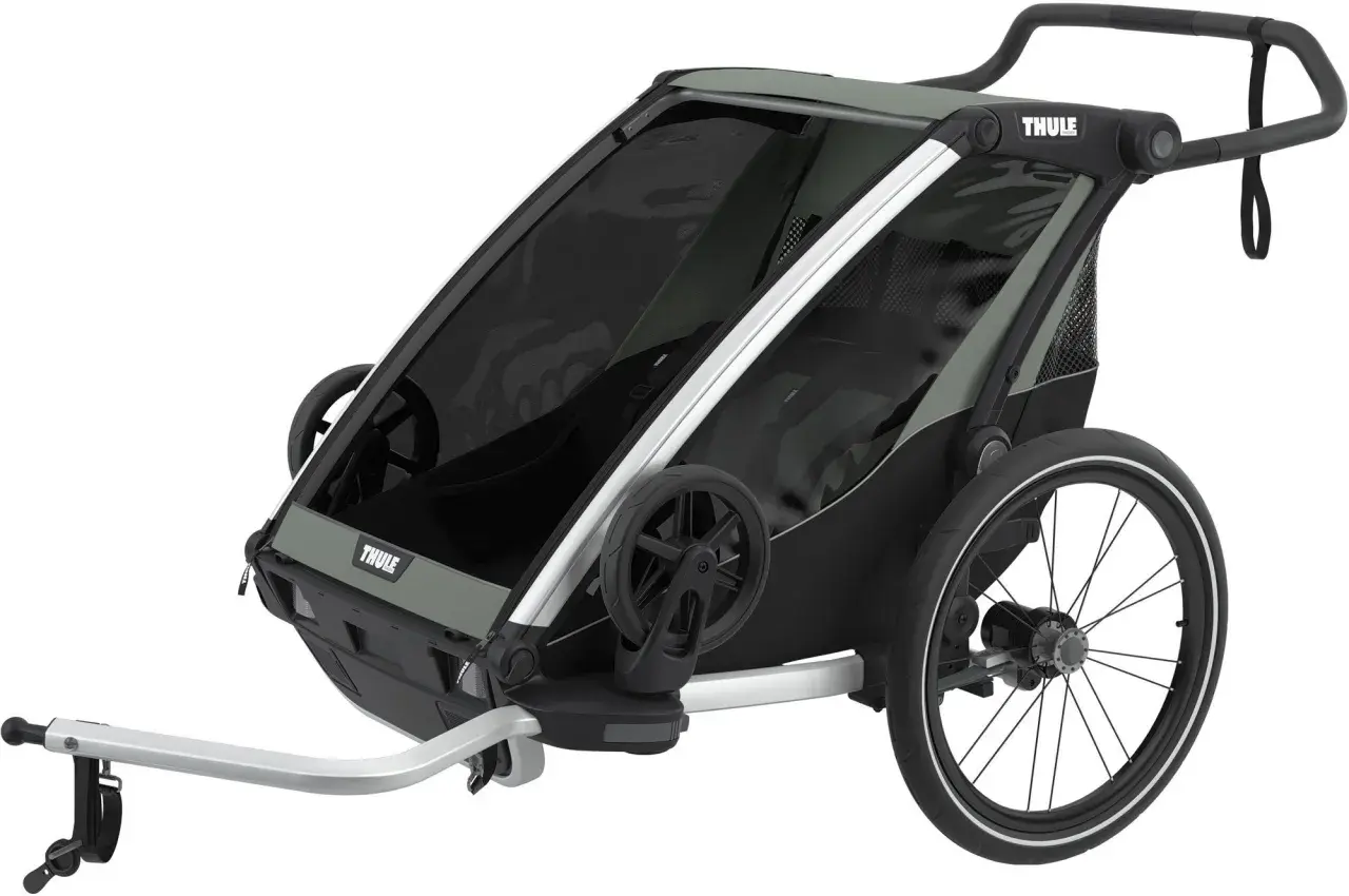 Thule Coaster XT cykelvagn i grått och svart, redo för äventyr med barnen.