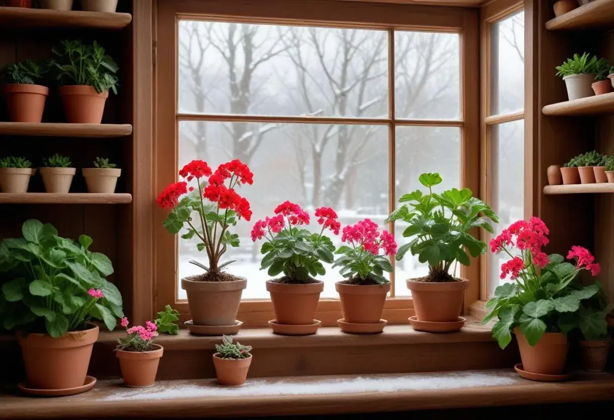 Potted geraniums with red and pink blooms sit on a windowsill with a snowy outdoor view.