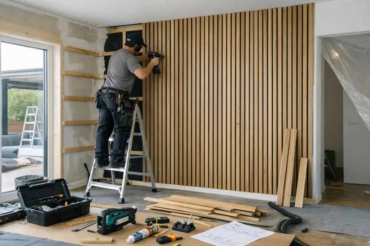 Man monterar diy akustikpanel på väggen med en spikpistol. Verktyg och material ligger utspritt på golvet.