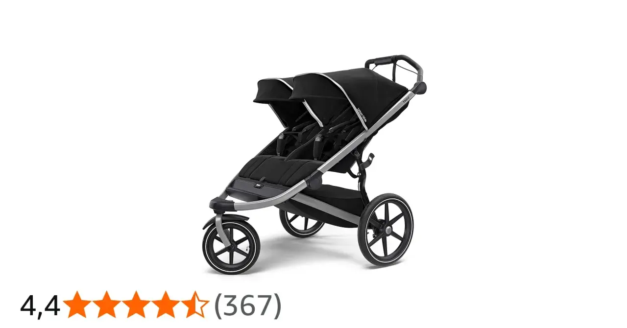 Svart dubbel barnvagn Thule Urban Glide 2, redo för äventyr med två barn.