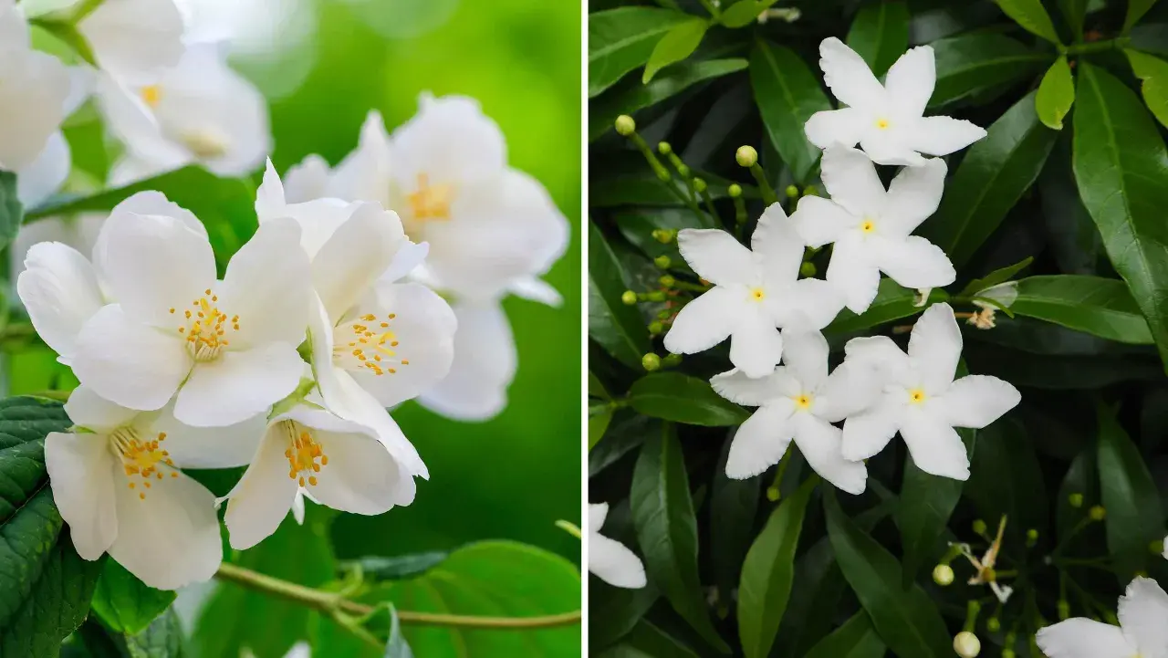 Två närbilder av vita jasminblommor utomhus. Den vänstra visar en klunga med fem kronblad och gula ståndare, den högra visar stjärnformade blommor bland gröna blad.