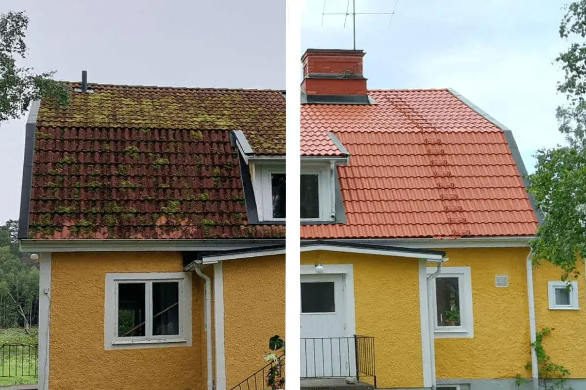 F&ouml;re och efter-bild som visar ett tak med mossa och alger, samt ett rent och nym&aring;lat tak. Takpannorna har f&aring;tt nytt liv efter att man valt att m&aring;la takpannor.