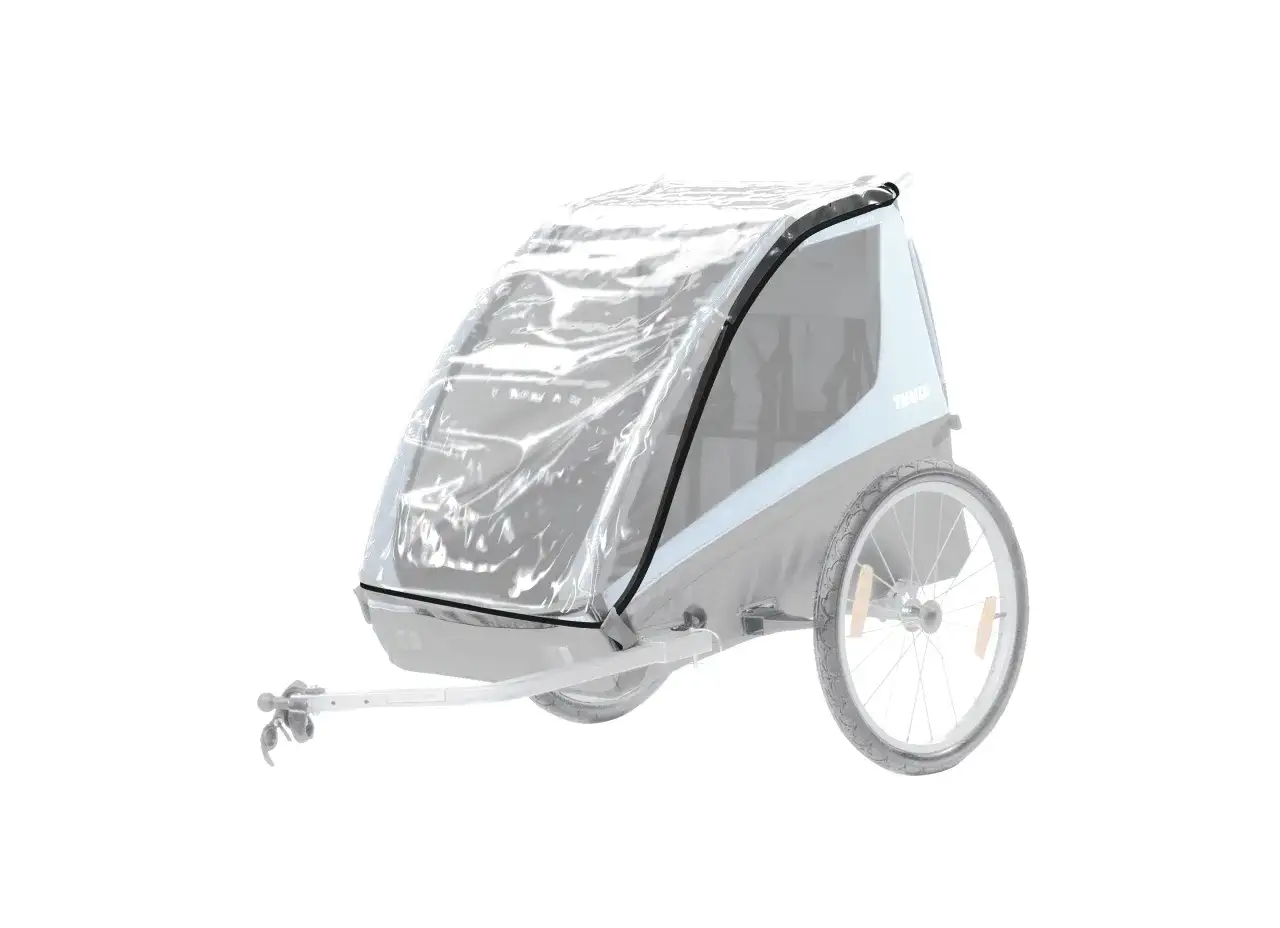Thule barnvagn med genomskinligt skydd som skyddar mot v&auml;der och vind.