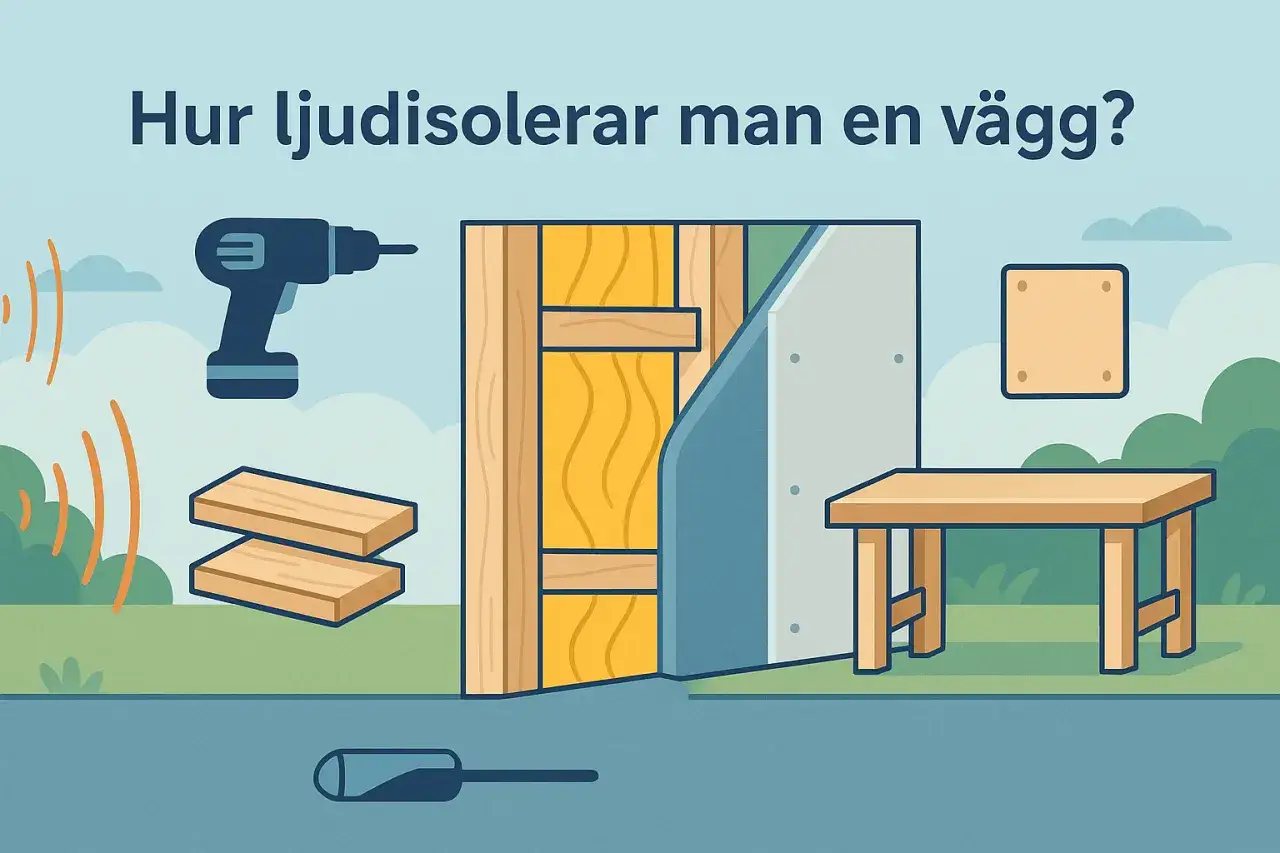 Illustration visar hur man ljudisolerar en v&auml;gg med isolering, tr&auml;reglar och skruvdragare.