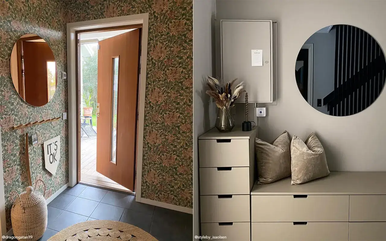 Trång hall inspiration med blommig tapet, rund spegel och korg. På andra sidan syns en hallmöbel med kuddar och en rund spegel.