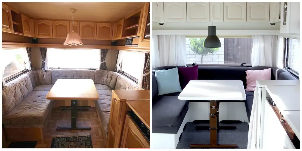 F&ouml;re och efter renovera husbil. Fr&aring;n brunt tr&auml; till ljust och modernt. Nya dynor, bord och belysning ger nytt liv.