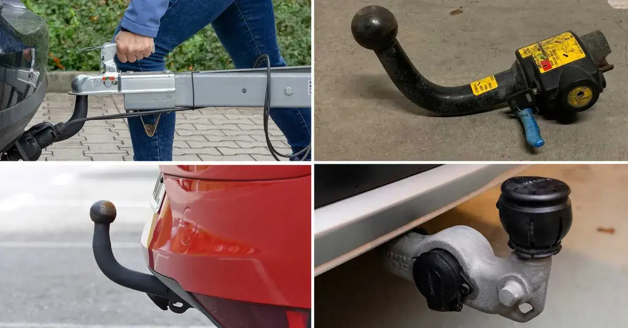Olika typer av dragkrokar, inklusive en som kopplas till en sl&auml;pvagn med snabbf&auml;ste dragkrok.