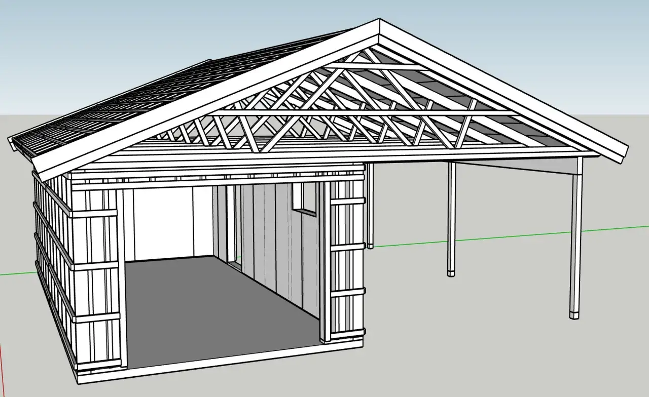 En 3D-modell av ett garage med &ouml;ppen sida och takstolar. En bra b&ouml;rjan f&ouml;r att planera bygga garage kostnad.