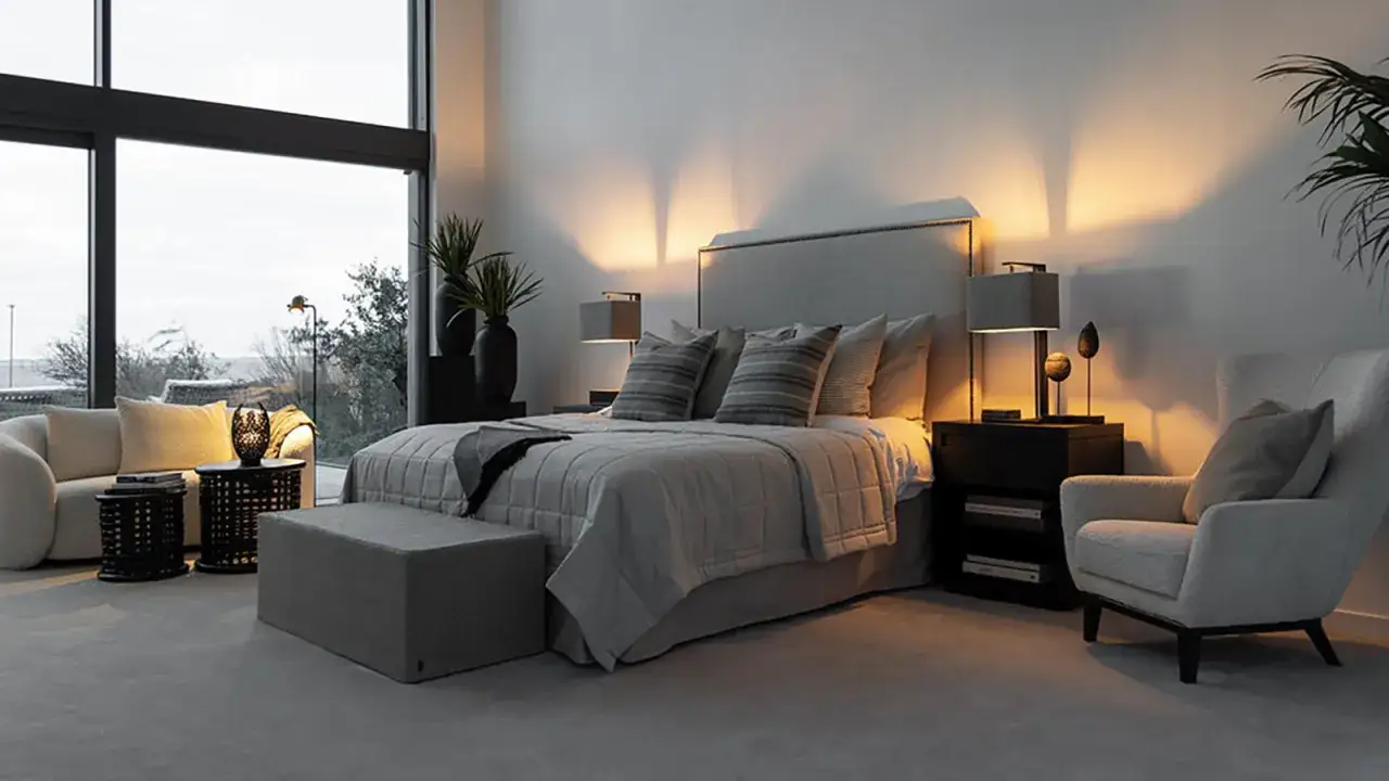 Ett harmoniskt sovrum med en stor säng, bekväm fåtölj och soffa. Stora fönster ger utsikt över naturen. En lugn oas för feng shui sovrum.