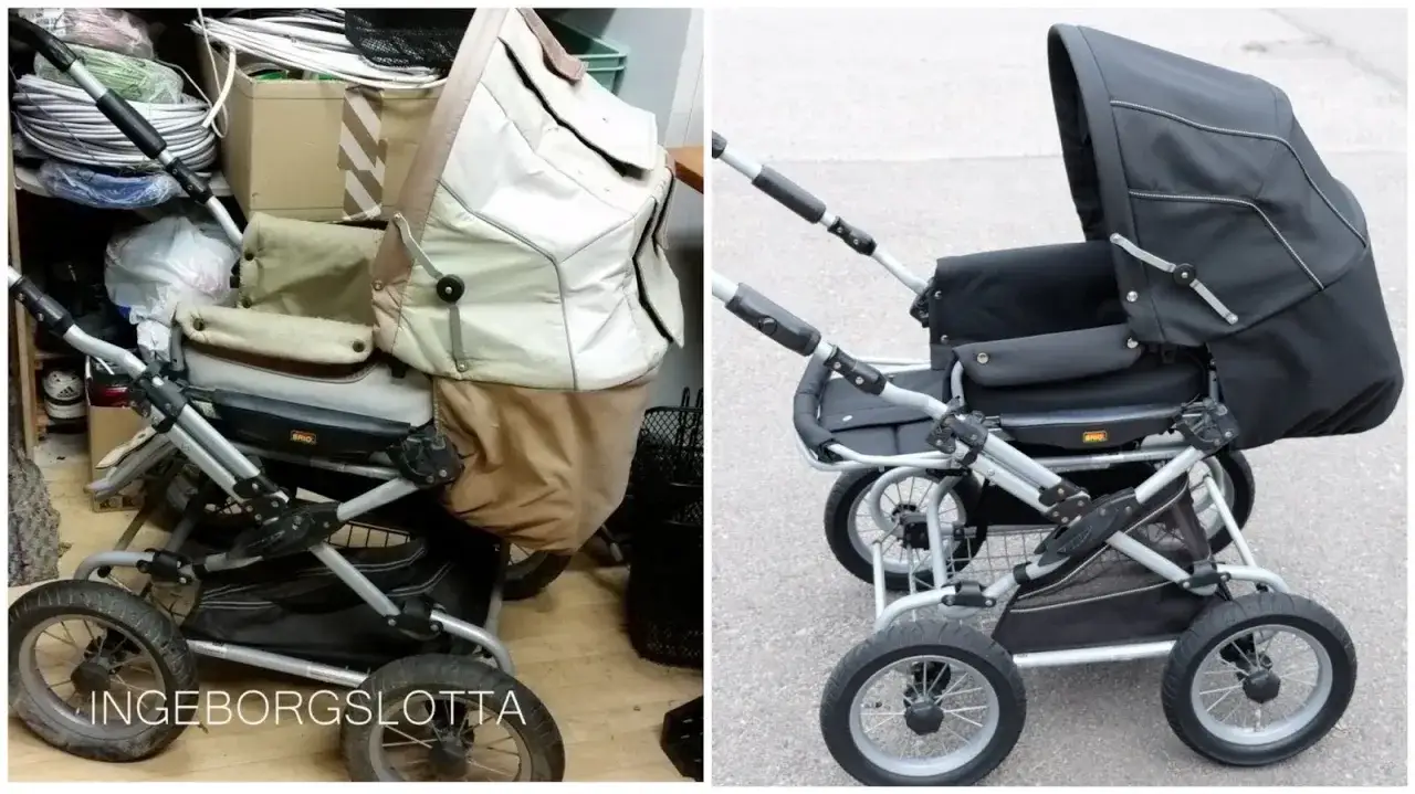Tv&aring; barnvagnar, en beige och en svart, med sina chassin. Den beige vagnen st&aring;r i ett f&ouml;rr&aring;d, den svarta ute.