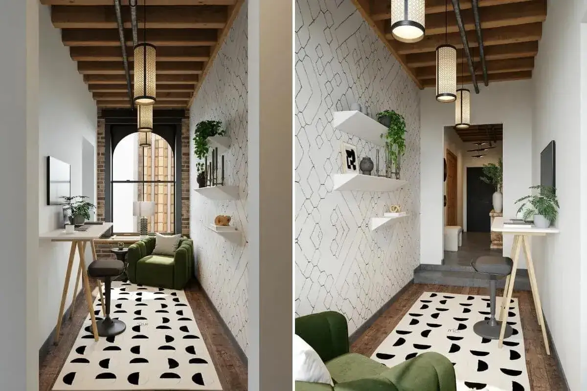 En stilren hall med industriell inredning. En gr&ouml;n soffa, en vit hylla med v&auml;xter och en matta med grafiskt m&ouml;nster.