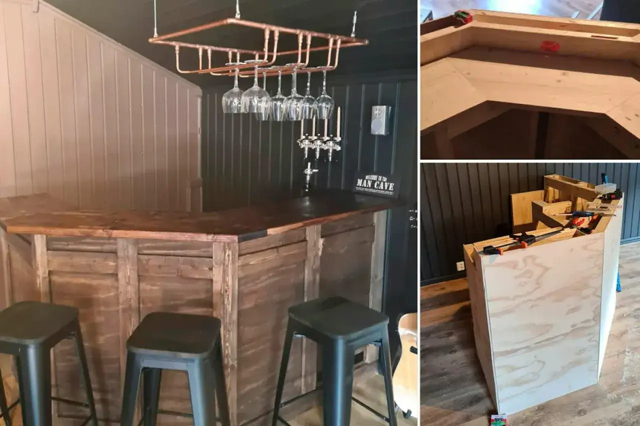 H&auml;r visas processen att bygga bar. En f&auml;rdigbyggd bar med glas och kranar, samt bilder p&aring; hur man bygger en bar i tr&auml;.